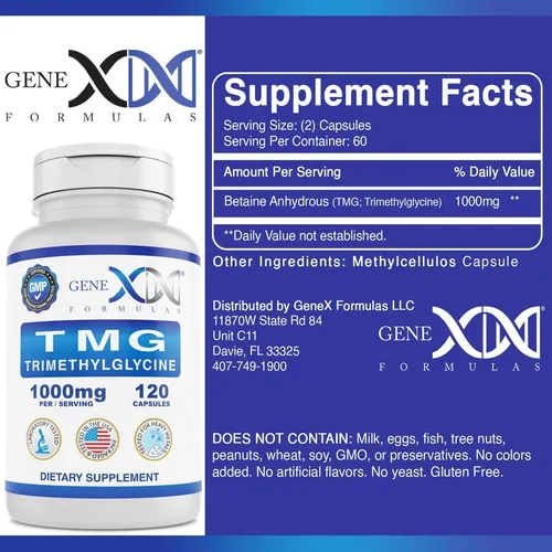 Genex 1000mg Tmg Suplementos (120 Cápsulas) Betaína Anhidra Trimetilglicina 1000 Mg Suplemento Hepático Para Nive