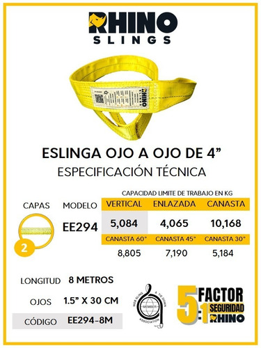 Eslinga Plana Modelo Ojo A Ojo 4 Plg X 8m Clt-v. 5,084 Kg