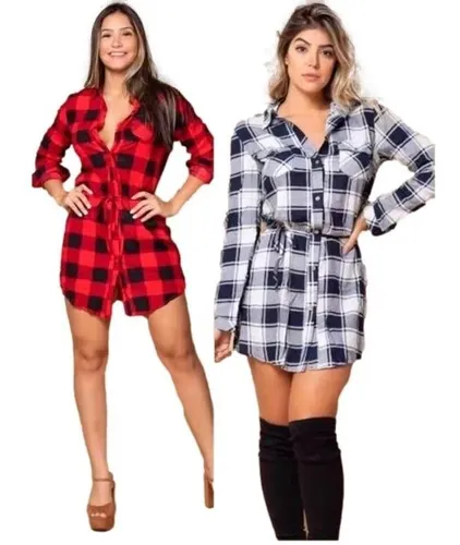 Vestido feminina xadrez laço camisão moda chemise sales
