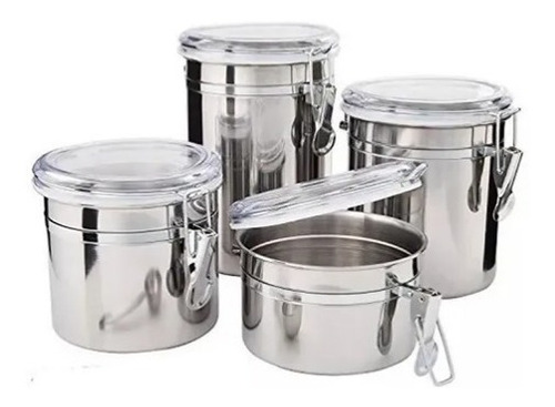 Kit 4 Potes Herméticos Inox Com Tampa Transparente E Trava