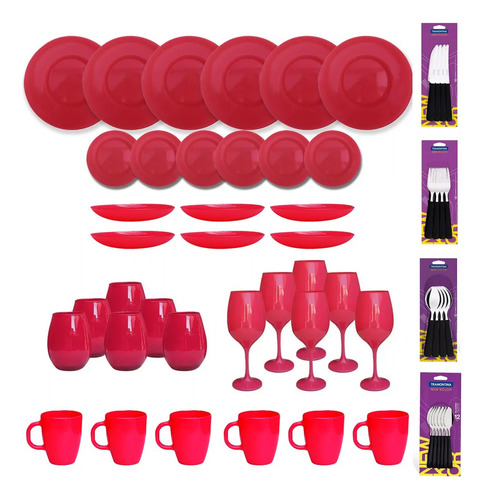 Juego Vajilla 60 Piezas Plato Vaso Copa Cubierto Color Pleno Rojo Liso