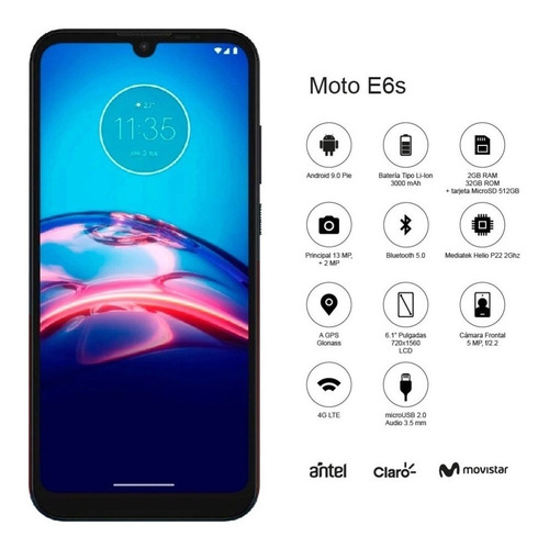 Celular Motorola E6s 6.1¨ 32 /2gb Dual Cam 3000 Mah Cover Co