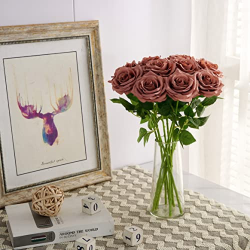Ramo De 10 Flores Artificiales De Rosas Abiertas, Tallos De