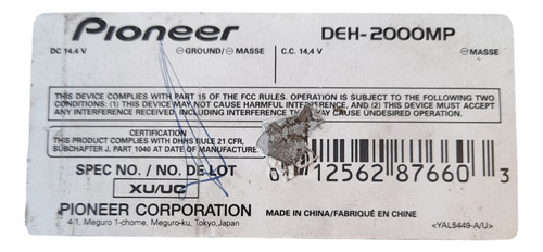 Estereo Pioneer Deh 2000mp ((no Funciona)) (Usado)