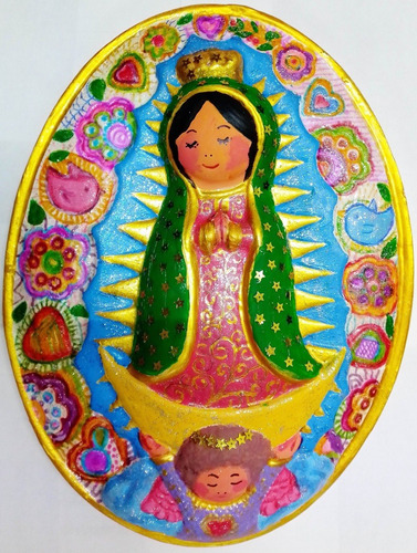 Virgencita Tipo Plis De Cerámica Pintada A Mano