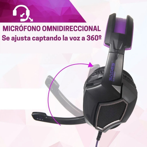 Imagen 5 de 5 de Auricular Gamer Sades Sa 920 Black And Purple Pc Ps4 Color Violeta