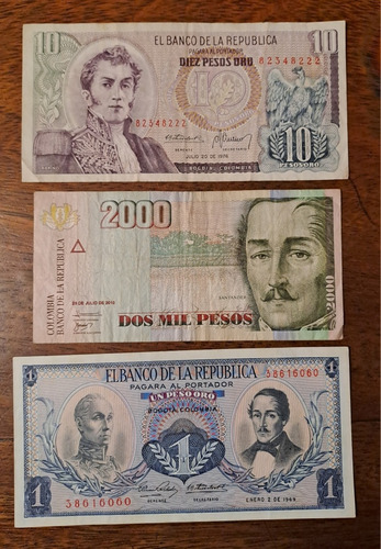 Colombia X 3 Billetes Incluye 1 Peso Oro 1969. Usados!!