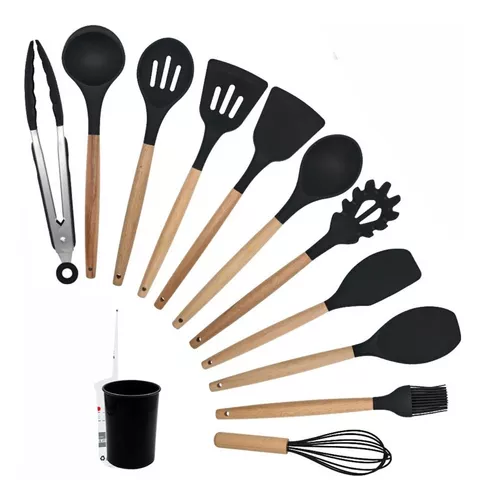 11 piezas/set utensilios de cocina de silicona pala de cocina mango de  madera juego de cocina, Moda de Mujer