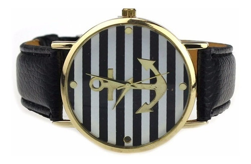 Relógio De Pulso Âncora Marinheiro Retro Feminino Original Cor da correia Preta Cor do bisel Dourado Cor do fundo Preto e Branco