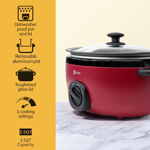 Icook Usc-35-op001rd Olla De Cocción Lenta De 3,5 Cuartos,