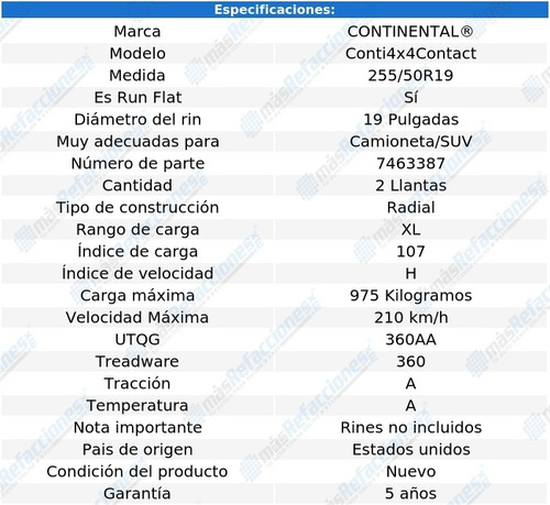 Pack 2 Llantas 107h Conti Conti4x4contact 255/50r19 Run Flat