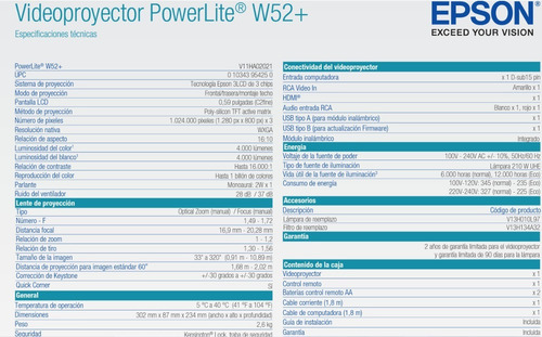 Proyector Epson Powerlite W52+ Inalambrico 4000 Lumenes Hdmi