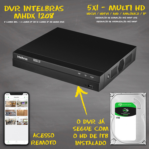 Imagem 2 de 6 de Kit Cftv 8 Câmeras Intelbras Vhd 3120 Dome 20m Dvr 1108 1tb
