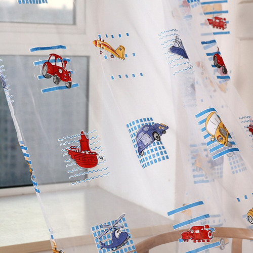Cortina Transparente De Tule Com Padrão De Carro Infantil, A