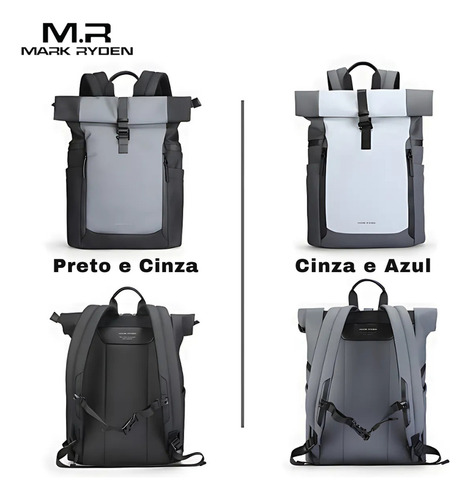 Mochila Bolsa Premium Impermeavel Expansível Notebook 17,3 Modelo Eclipse Commuter Mark Ryden - Cor Cinza/azul Liso