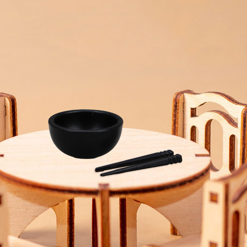 2 Cuenco Para Casa De Muñecas, Palillos, Vajilla De Negro