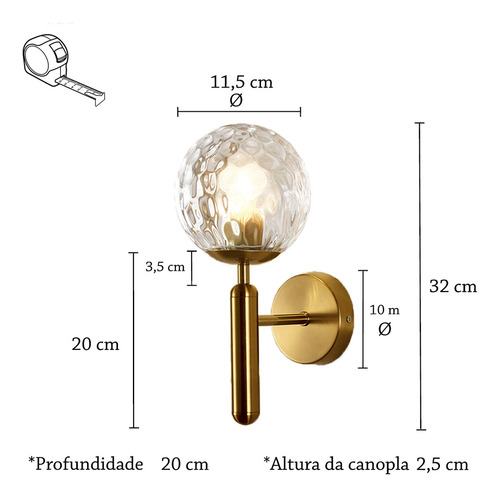 Kit 3 Arandela Dourada Bola Vidro Ondulado Transparente