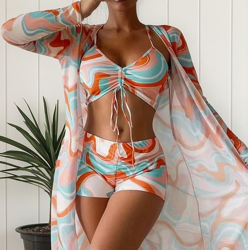 Conjunto Bikini De Tres Piezas Con Estampado Floral Playa