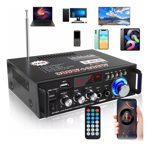 Amplificador De Audio Bluetooth Hifi Subwoofer Mini Economía Bt/fm/usb/sd/rca/mp3 Estéreo Sonidos Para Casa 600w Alta Potencia Con 2 Tomas De Micrófono Con Mando A Distancia