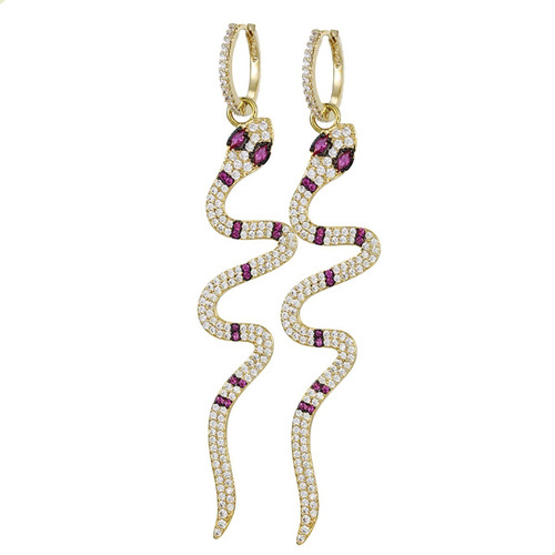 Aretes Largos  Colgante Serpiente Cristales Oro Laminado 14k