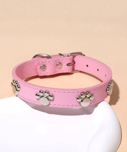 Collar Cuero Con Huellitas. Perro O Gato Color Rosa Huesos Tamaño Del Collar L