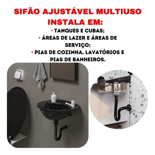 Sifão Sanfonado Universal Preto 5un Sifão Lavatório 71cm Prt