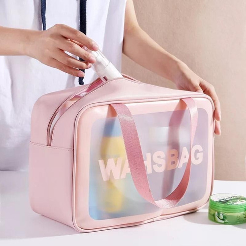 Necessaire Transparente Feminina Grande Maquiagem Luxo Cor Rosa Desenho Do Tecido Liso