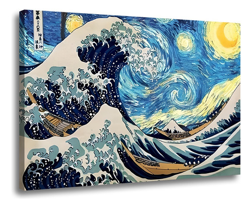 Quadro Decorativo Tela Canvas Ondas Arte Van Gogh Para Sala Cor Preto Cor Da Armação Borda Infinita