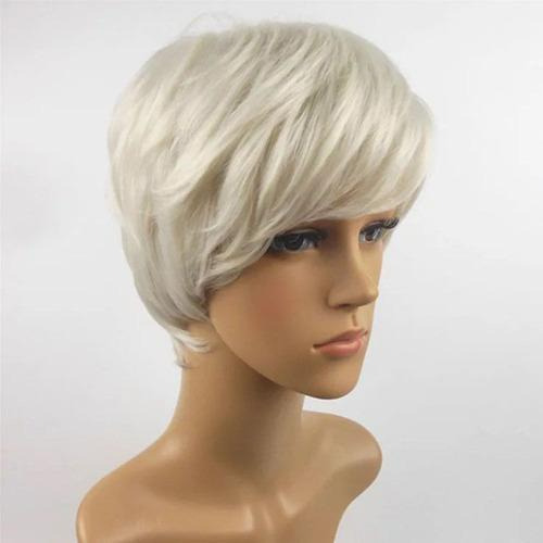 Peluca Corta Blanca De Pelo Liso Humano Sintético Para Hombr