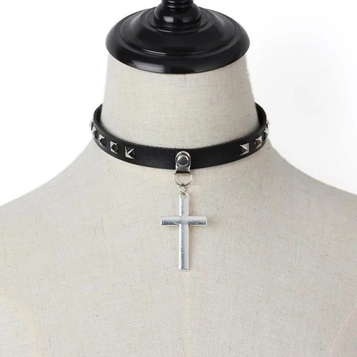 Choker Cuero Tachas Cruz Rock Punk Goth Gargantilla 