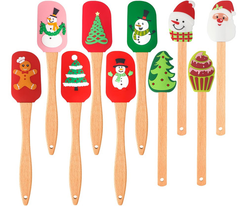 10 Espátulas Navideñas De Silicona Con Mango De Madera