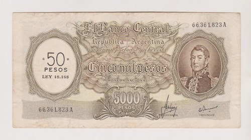 Billete Argentina 5000 $ Bottero 2216 Año 1969 Muy Bueno