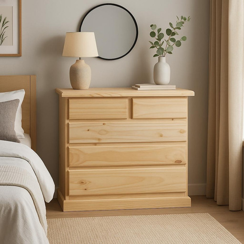 Cómoda Natural De Madera De Pino Chifonier 5 Cajones Natural Sin Pintar