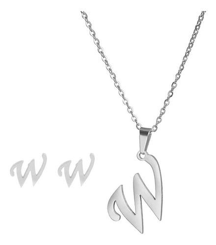 Collar Inicial Letra W Juego Joya + Arete Incial W + Estuche