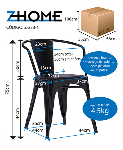 Silla De Comedor Con Apoyabrazo Tolix Zhome X4 Reforzada De Hierro Estructura De La Silla Negro Asiento Negro Diseño De La Tela Metal