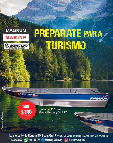 Bote Aluminio Lodestar 420 Con Motor Mercury 5 Hp 2 Tiempos