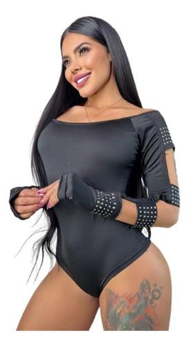 Body Blusa Cuello Bandeja Manga Larga Con Brillantes Taches