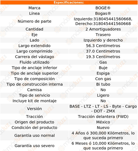 Kit 2 Amortiguadores Gas Tras Spark L4 1.2l 11/15 Boge Bogas