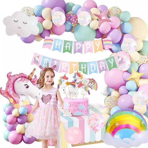 Kit Globos Unicornio Arcoiris Decoración De Cumpleaños Niñas