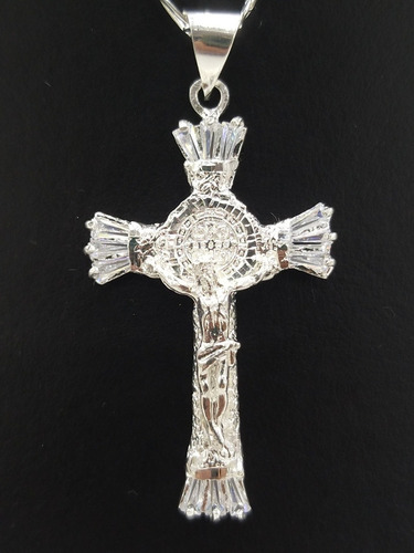 Cruz De San Benito De Plata Con Circonia Y Cadena + Color Plateado