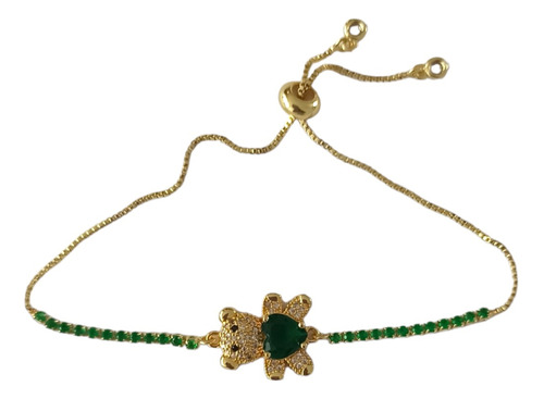 Pulsera Pulso Fino Ajustable Oso Verde Laminado Oro 18k