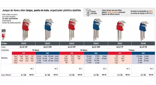 Juego 13 llaves allen largas mm punta bola con organizador, Llaves Allen,  13646