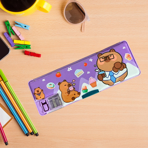 Lapicera Rígida Cartuchera Con Sacapuntas Capibara Stitch Lapicera Capi Morada