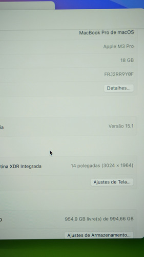 Macbook M3 Pro 14 18gb, 1tb + Apple Care Até Ago/2027 Preto Preto (Usado)