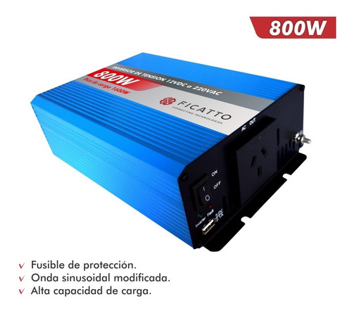 Imagen 2 de 7 de Inversor De Tensión 800w Ficatto 12v Auto Camping Usb R