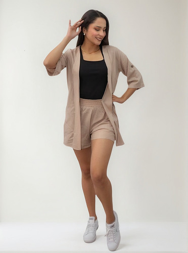 Conjunto Lino Capa Con Capucha Abierta Y Short - Suimy