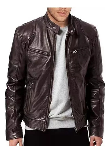 Chaqueta De Cuero Genuino Para Hombre Con Cremallera Negra