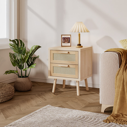 Velador Con Rattan De Madera Con 2 Cajón 40x40x58 Cm Ocre