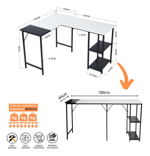 Escritorio En Forma De L Para Computadora, 124 Cm, Blanco
