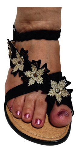 Imagen 3 de 4 de Huarache Sandalia Flores Diagonal Suave Artesanal Dedo
